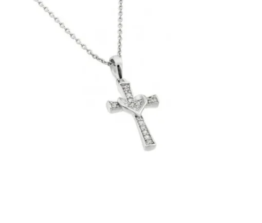 PENDENTIF CROIX/COEUR EN ARGENT RHODIÉ SERTI DE CUBIQUES ZIRCONIAS