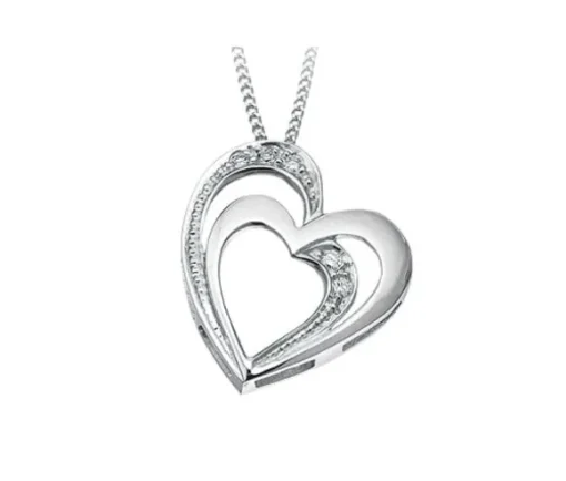PENDENTIF DOUBLE COEURS EN OR 10K BLANC SERTI DE DIAMANTS