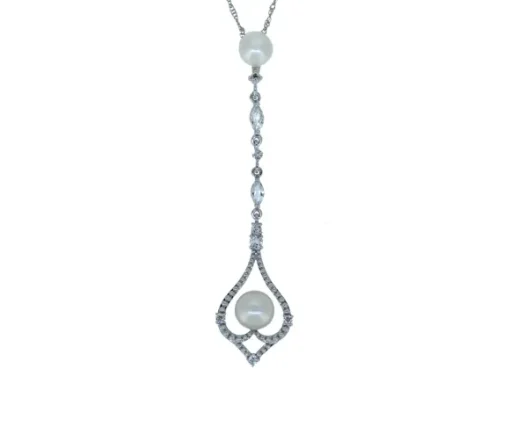 PENDENTIF EN OR 14K BLANC SERTI DE PERLES DpiEAU DOUCE ET DE CUBIQUES ZIRCONIAS