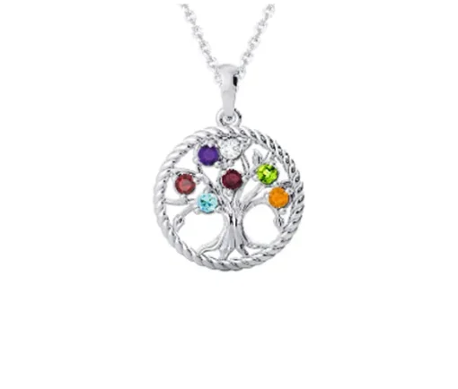 PENDENTIF FAMILIAL ARBRE DE VIE EN OR 10K BLANC SERTI DE 2 À 7 PIERRES VÉRITABLES