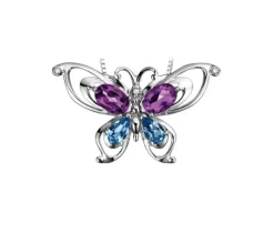 PENDENTIF PAPILLON EN OR BLANC SERTI DpiAMÉTHYSTES DE TOPAZE BLEUS ET DE DIAMANTS