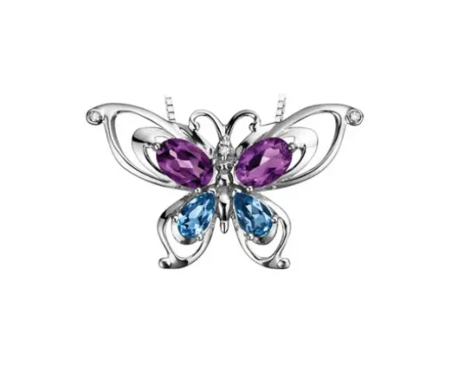 PENDENTIF PAPILLON EN OR BLANC SERTI DpiAMÉTHYSTES DE TOPAZE BLEUS ET DE DIAMANTS