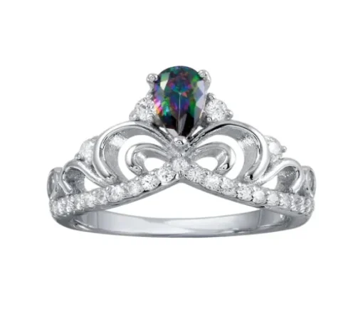 SUPERBE BAGUE STYLE COURONNE EN ARGENT RHODIÉ SERTIE DpiUN TOPAZE MYSTIQUE SYNTHÉTIQUE ET DE CUBIQUES ZIRCONIAS